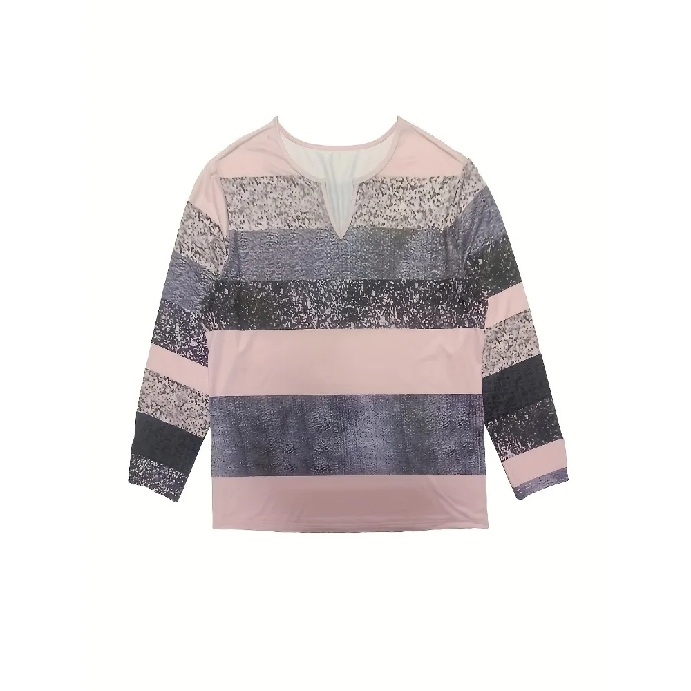 Nueva camiseta de manga larga a rayas con cuello en V para mujer de talla grande, camiseta de manga larga con estampado en forma de corazón y cuello en V a la moda