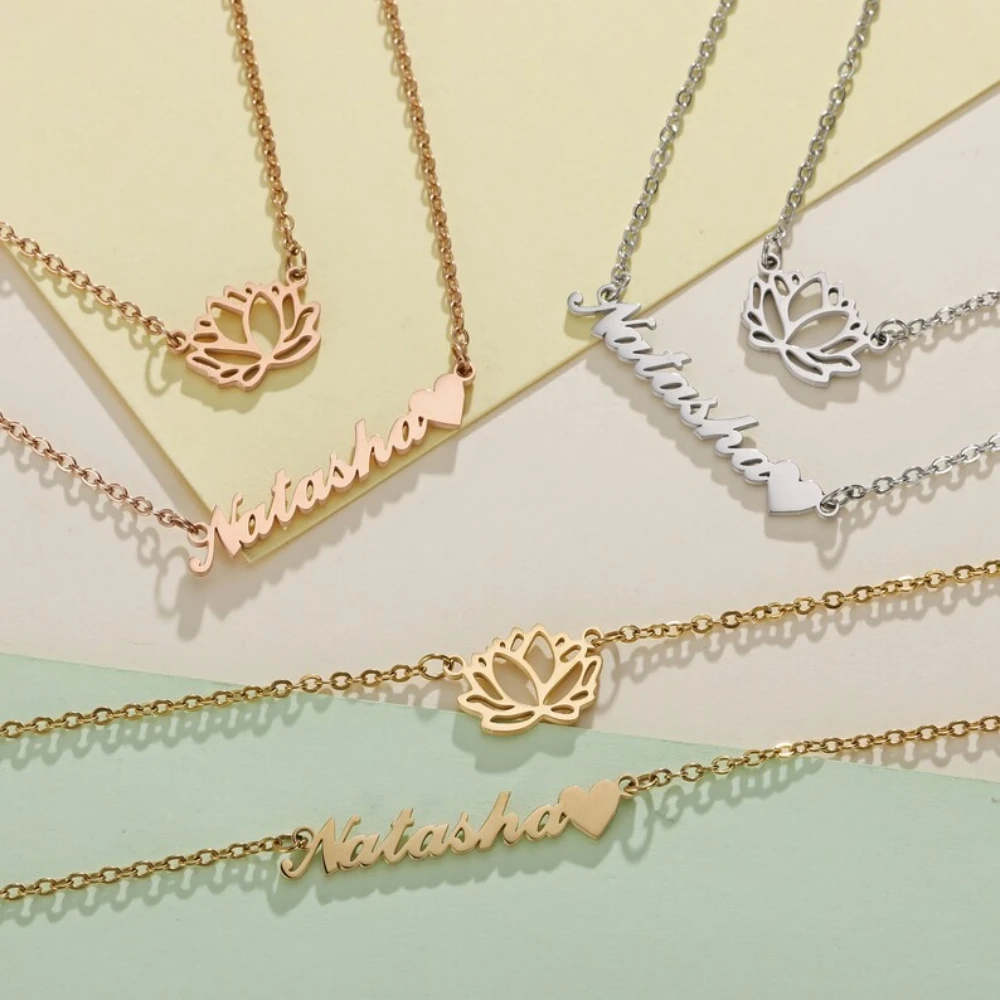 

Custom Name Necklaces for Women Stainless Steel Double Layered Necklaces Lotus Flower Pendant Collar Jewelry Gift for Girlfriend