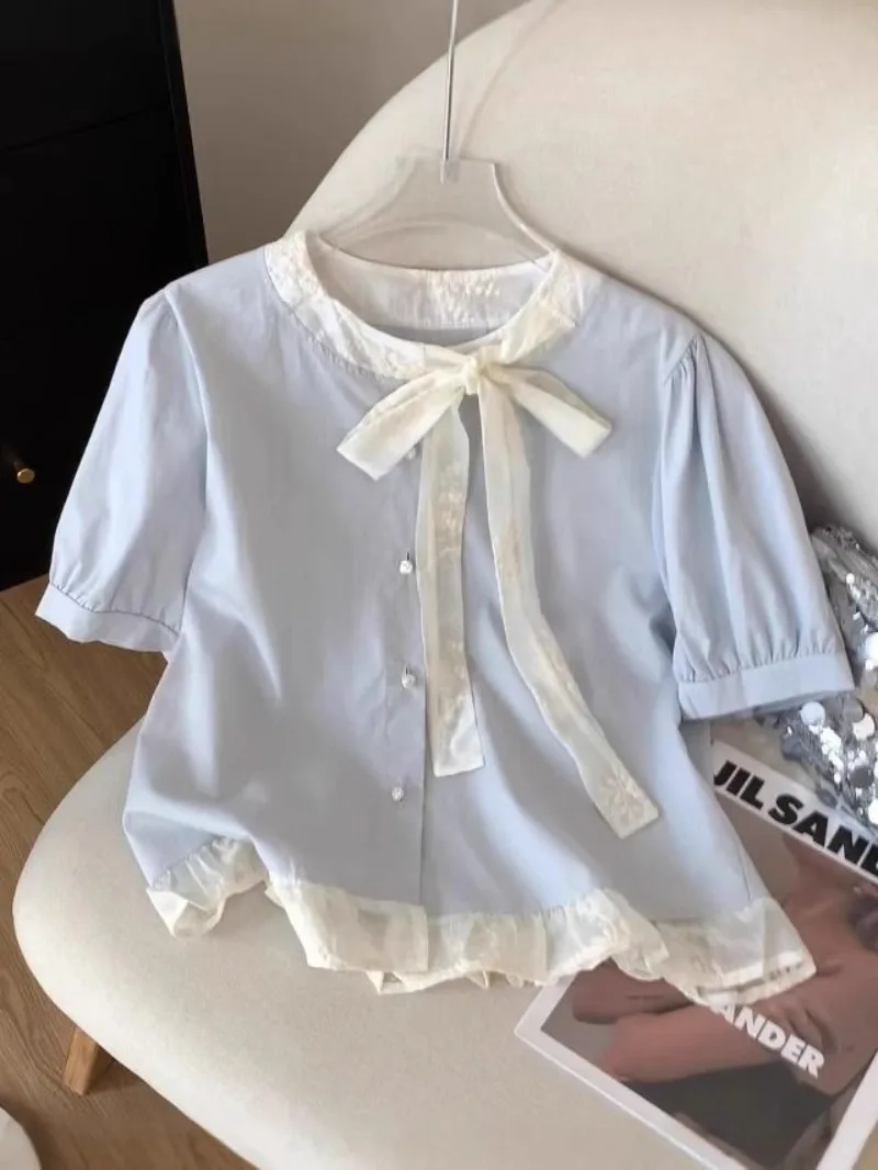

French Elegant Constrast Color O Neck Lace Bow T Shirts Sweet All Macth Casual Loose High Clothes New Temperament Blouse