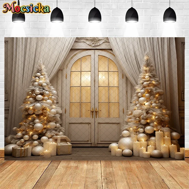 Mocsicka ฉากหลังภายในแบบวินเทจสำหรับถ่ายภาพคริสต์มาสงานปาร์ตี้ต้นไม้ของขวัญคริสต์มาสของเด็กครอบครัวฉากหลังสตูดิโอถ่ายภาพ