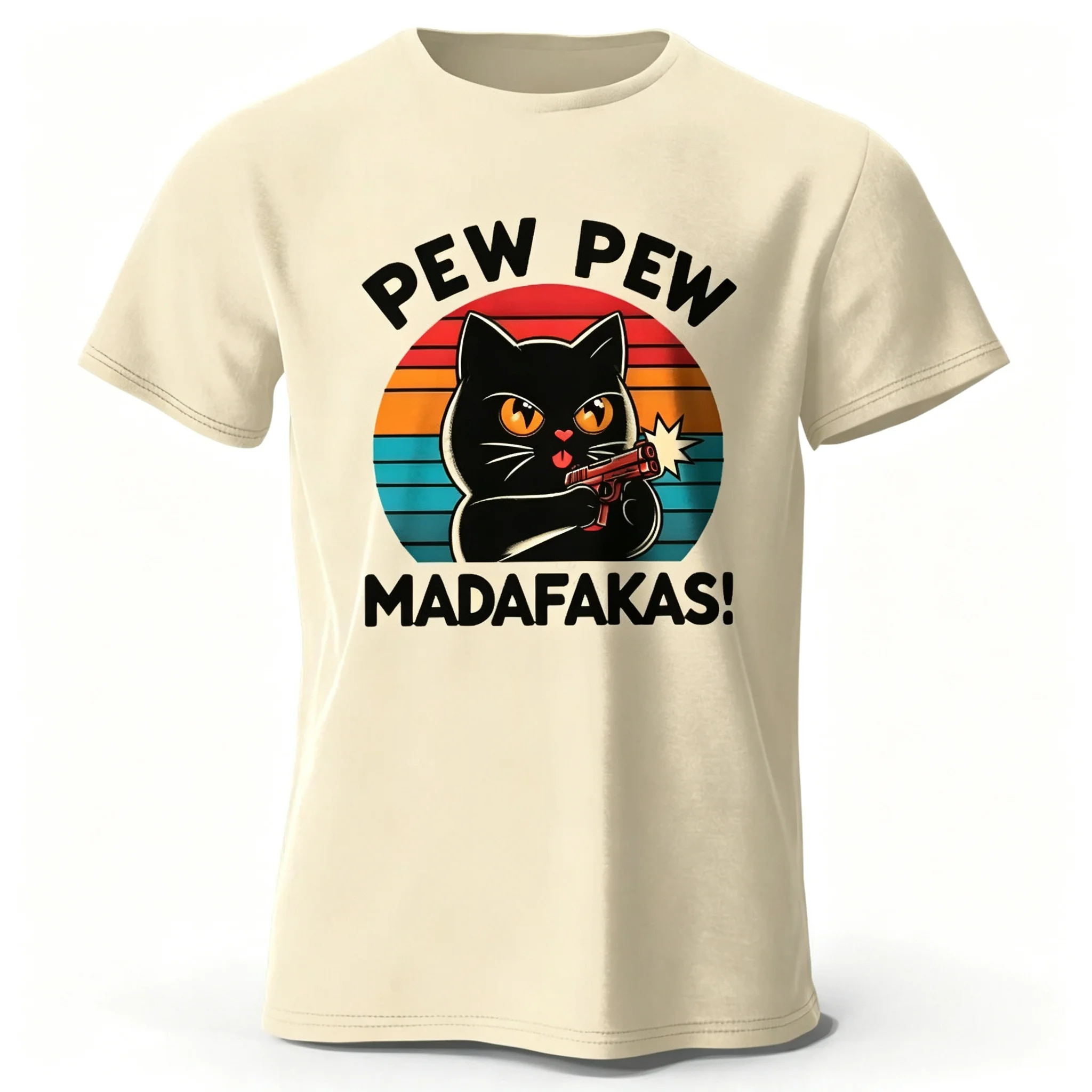 Cute Hand-Drawn Cat Doodle Print  Cotton T-Shirt Soft Round Neck Short Sleeve Tee for Men & Women