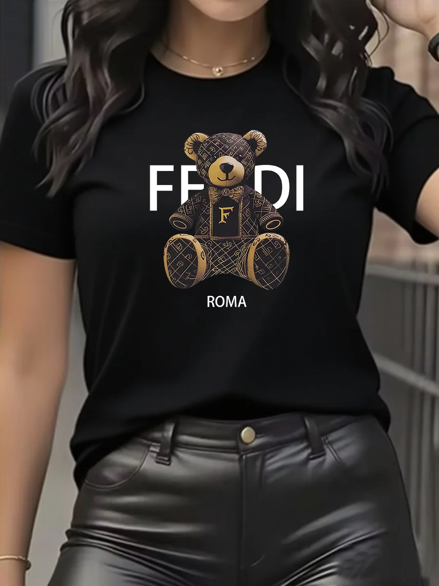 summer Graphic T-Shirt Short Sleeve Crew Neck with Soft Comfortable Spring Women's Light Blue Casual Teddy Bear