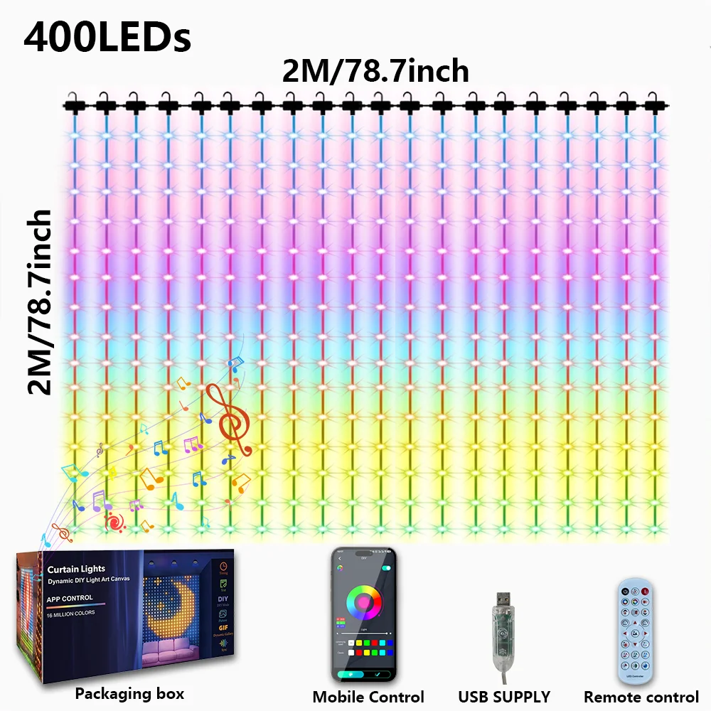 Smart Curtain Lights, 400 LED USB Curtain String Lights with App Remote Control,Music Sync Christmas Curtain String Outdoor