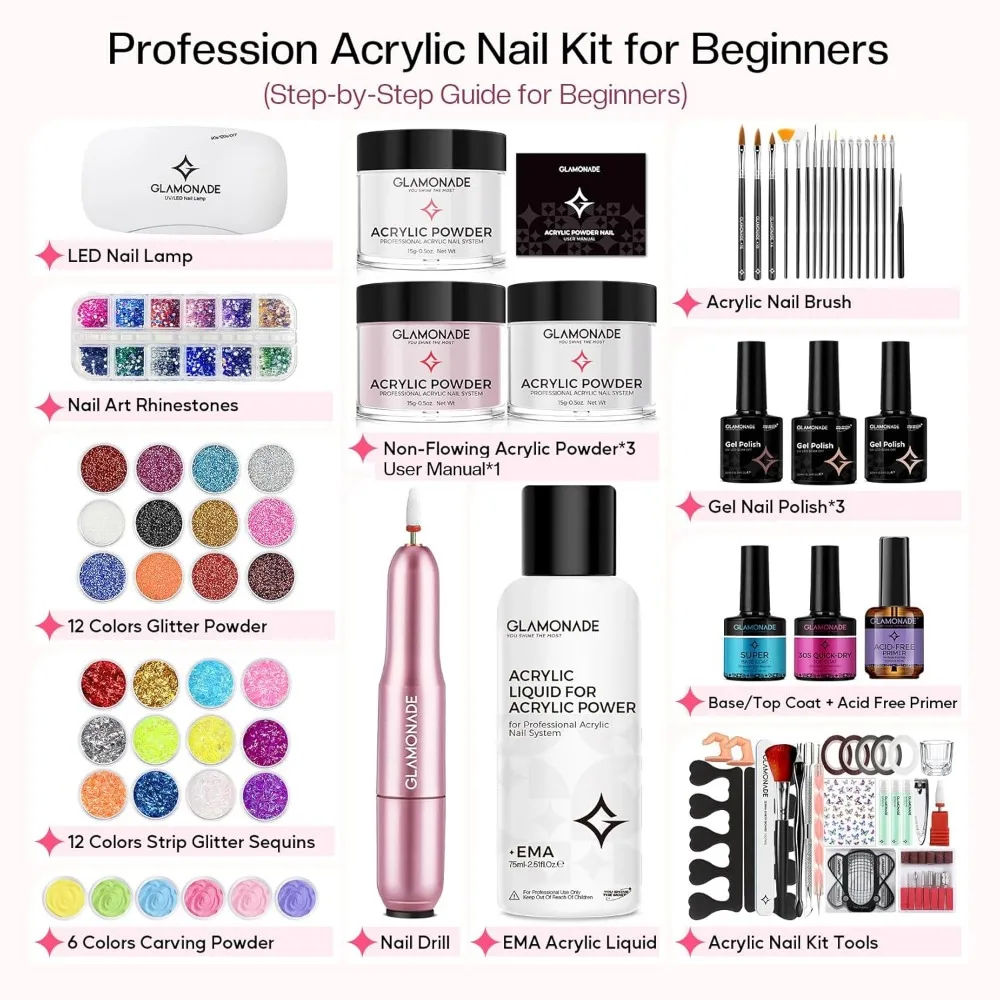 Kit d'ongles en acrylique pour débutant avec perceuse, lampe UV, vernis et outils pour usage domestique en salon