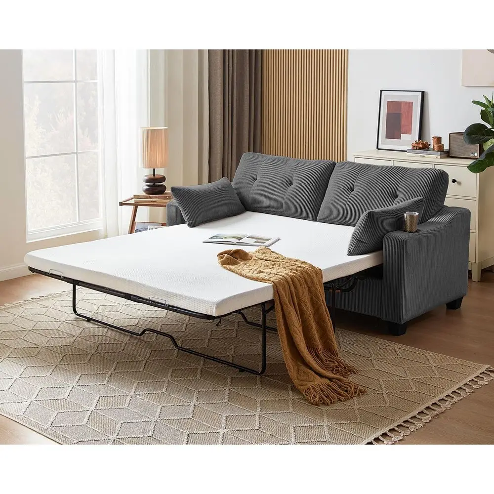 

Queen Size Corduroy Sleeper Sofa Bed with USB Ports, Cup Holders, and LED Lights