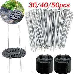40/50PCS Garden Pegs U-shaped Ground Pegs Heavy Duty Metal Pins Spikes Ground Staple with 30pcs Buffer Washers for Securing Weed