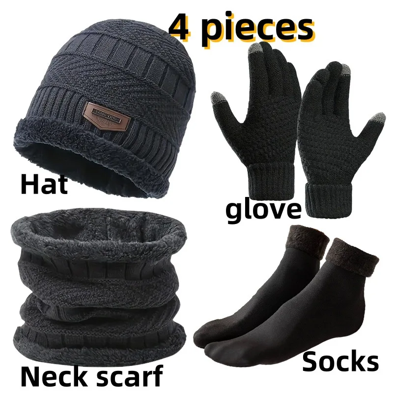 

Winter Hat Scarf Gloves Set 4-Piece, Thermal Fleece-Lined Beanie & Neck Warmer, Windproof Snow Skiing Accessories for Men Women