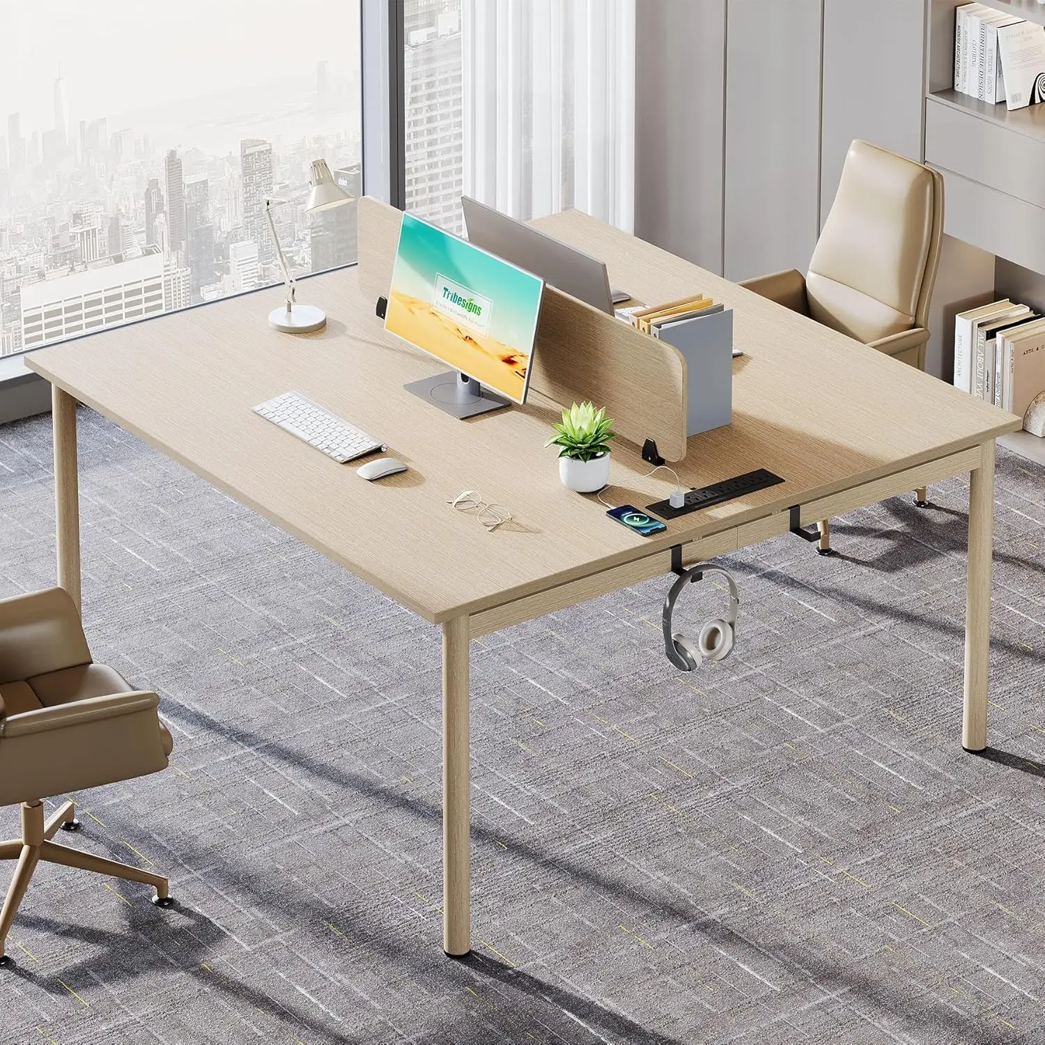 Tribeswords-2 Desk Pessoa com Partição, Modern Square Computer Desk, com Power Outlets e Ganchos, Double Computer Desk, 47 in