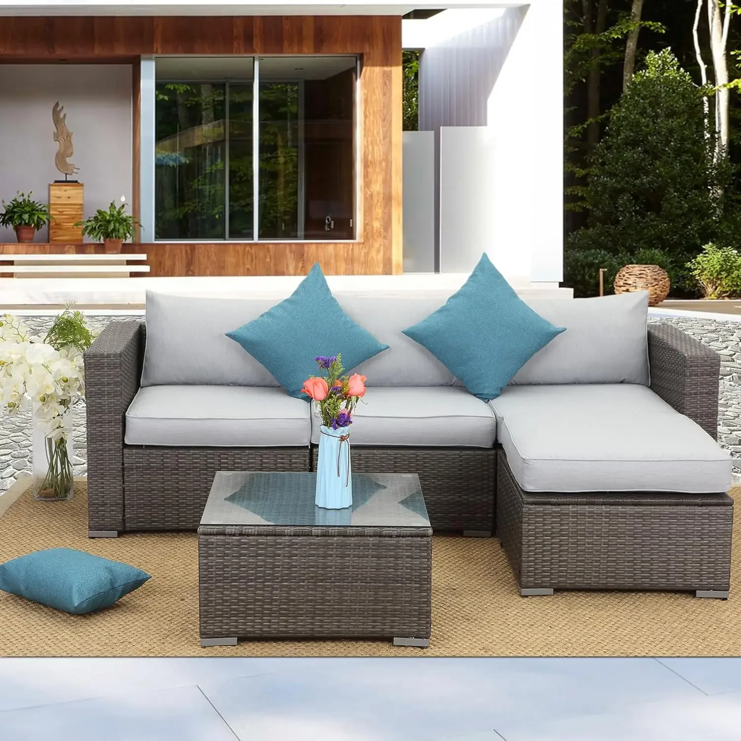 Patio Furniture Sets, Outdoor Sectional Furniture with Armless Sofa, Tempered Glass Table and Cushion, Patio Conversation Sets