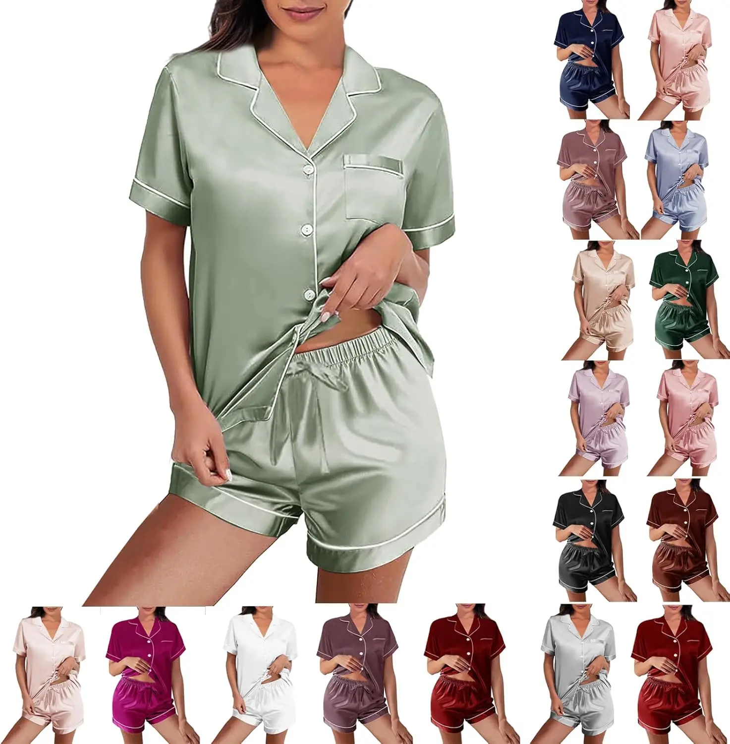 Womens Silk Satin Pajamas Loungewear Two-Piece Sleepwear Button-Down Floral Pj Set XS-4XL