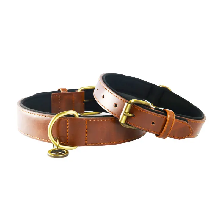 

New Fashion Adjustable Leather Padded Dog Collar Solid Italian Durable Real Leather Dog Collar