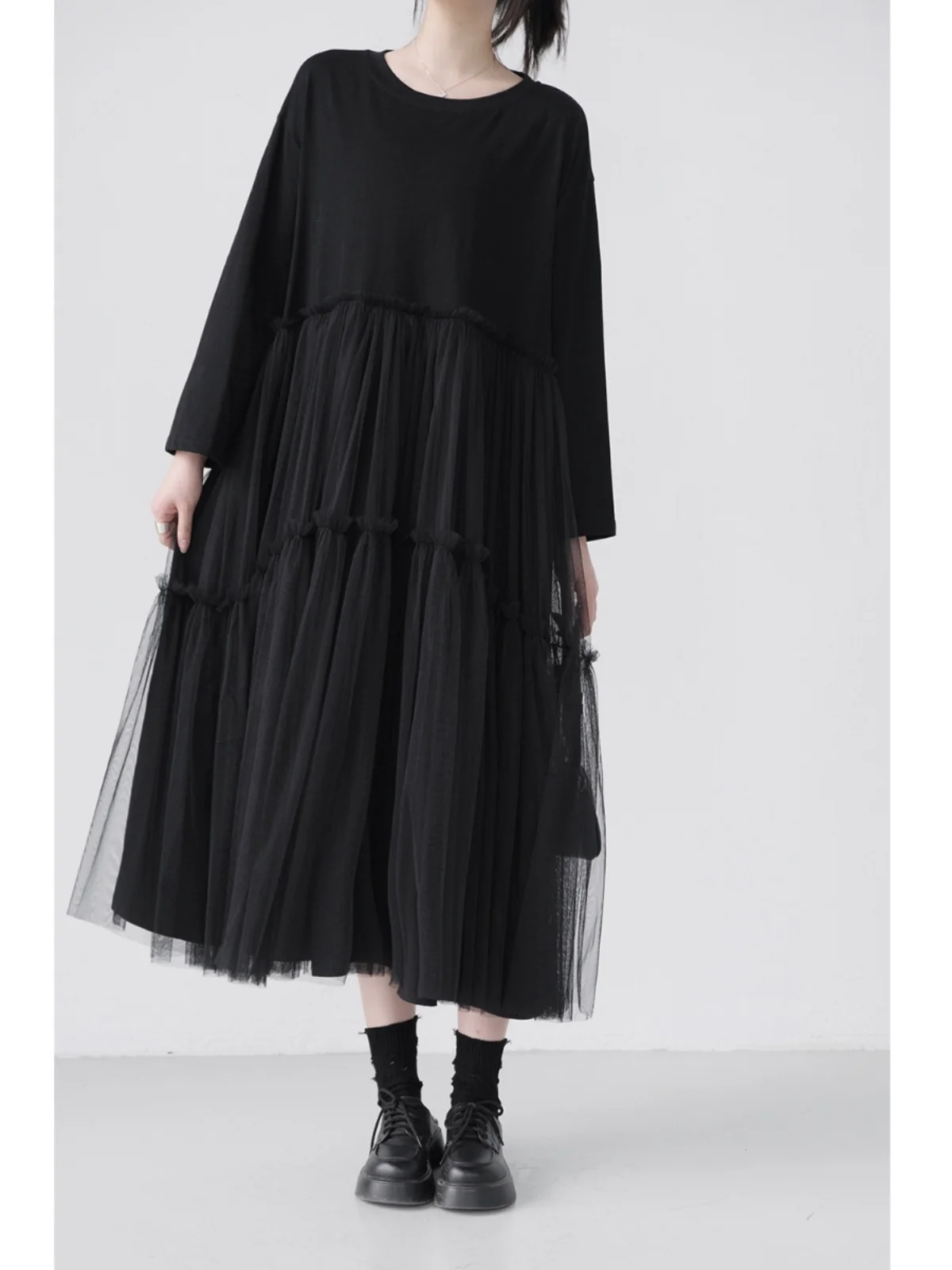 UMI MAO Yamamoto Dark Mesh Splicing Dress with Casual and Loose Bottom Black Long Dress Design