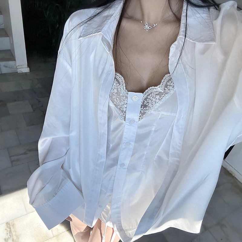 

Ele Loose Long Sve White irt Women's Faionable Outerwear Bla Cherry Design Sensation High-End Feelings