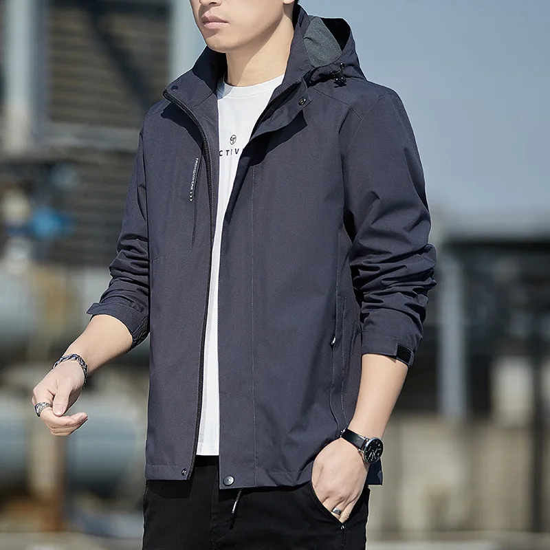 Waterproof Jacket Spring and Autumn Men's Hooded Windproof with Multiple Pockets Suitable for Hiking Fishing and Travel
