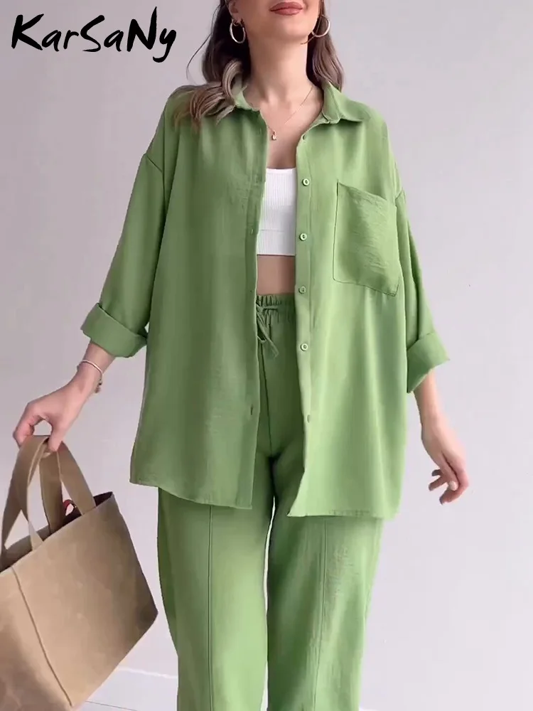 Long Solid Color Sleeved Shirt 2024 New Spring Women\'s Fashion Suit New Two Piece Set Pants Sets Loose Women\'s Suit Pants Sets