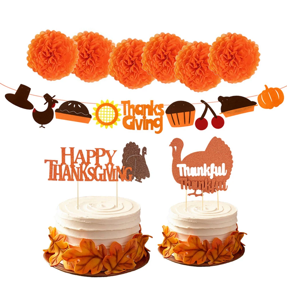 

9Pcs Thanksgiving Banner Set Turkey Cake Topper Paper Flowers and Bunting for Party Holiday Decoration Happy Thanksgiving