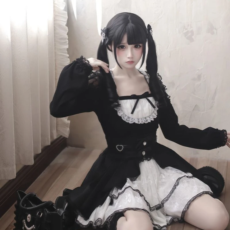 

Японский элегантный женский комплект из двух предметов 2025, кружевной топ, лоскутная пышная короткая юбка, милый наряд в стиле Лолиты, модная осенне-зимняя одежда