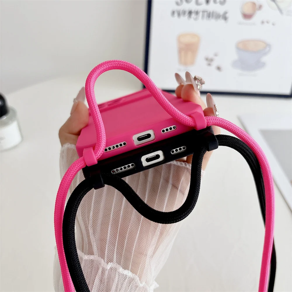 Crossbody الحبل قلادة الحبل لينة غطاء من السيليكون آيفون 16 15 14 13 برو ماكس 12 قابل للتعديل حبل نايلون ماتي غطاء ل 16Pro