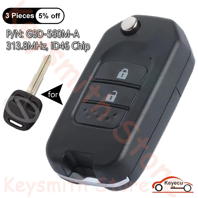 KEYECU 2 Buttons 313.8MHz ID46 Chip for Mitsubishi Outlander Pajero Airtreck L200 Auto Upgraded Flip Remote Key Fob G8D-560M-A