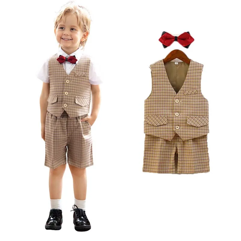 

Boys Summer Khaki Plaid Waistcoat Photography Suit Children Formal Wedding Dress Kids Performance Birthday Ceremony Costume