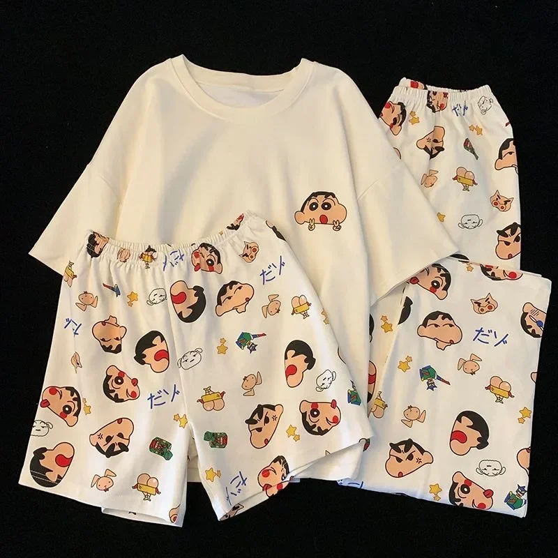 Anime novo crayon shin chan casal pijamas de algodão manga curta calças compridas bonito dos desenhos animados roupas para casa conjunto de três peças presente de aniversário