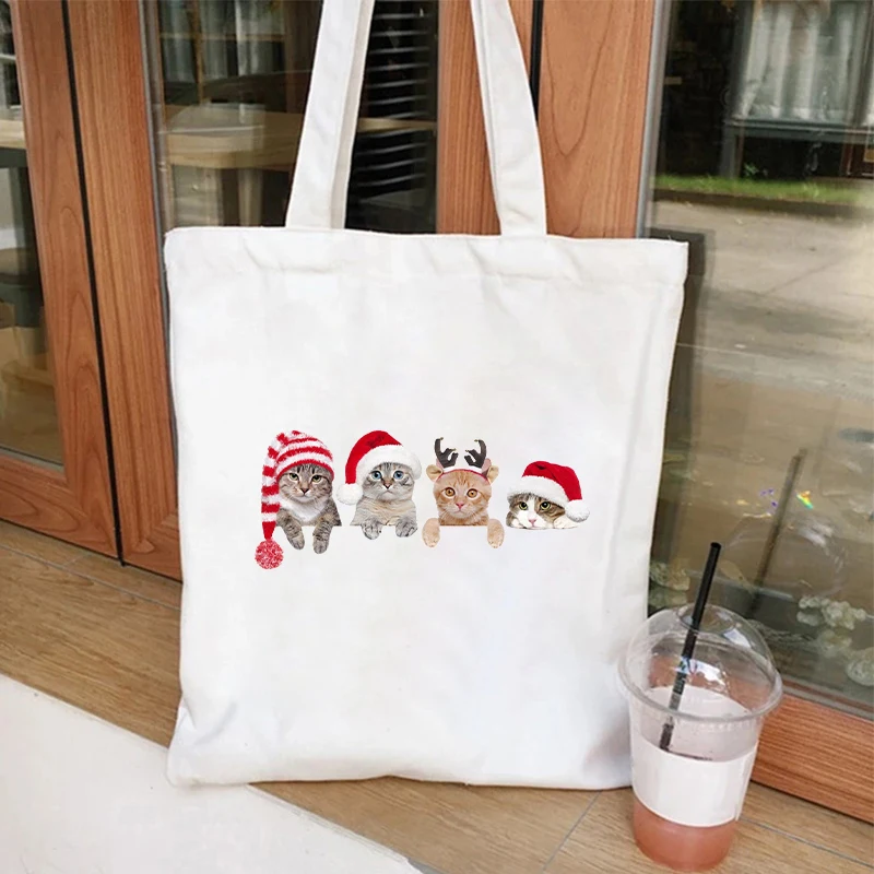 CuteMerry Christmas Cat Print Canvas Tote Bags Women\'s Christmas Party Shopping Bag Anime Kitten Shoulder Bag Female Handbags