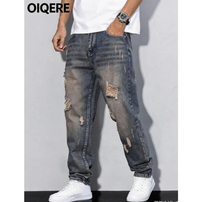 OIQERE Men European American High Street Ripped Distressed Jeans Loose Straight Leg Slim Fit Casual Long Denim Pants