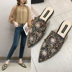 Square heel Slippers Casual Glitter Slides Shoes Woman 2023 Med Cover Toe Pantofle Block Luxury Jelly Soft Summer New Crystal Ro