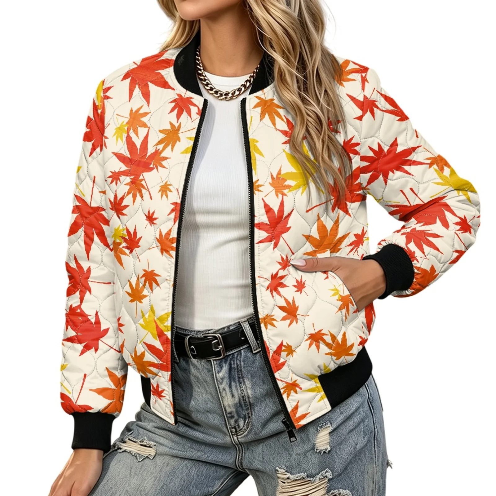 PENSTROLL Maple Leaves Ladies Warm Light Padded Zipper Outer Jacket Windproof Open Front Coat for Fall