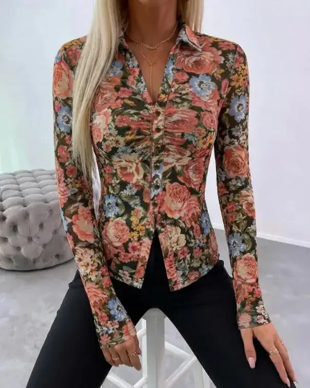 Female Vintage Oil Painting Floral Print Turn-Down Collar V-Neck Button Front Shirt Slim Long Sleeve Ruched Sheer Mesh Blouses
