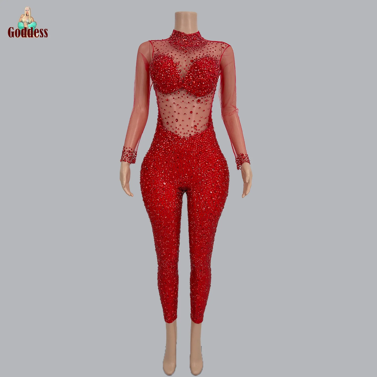 

Sexy Party Sparkly Rhinestone Sheer Mesh Jumpsuit Sparkly Rhinestone Bodycon Leggings Bars Stage Dance Costume Club Show Wear