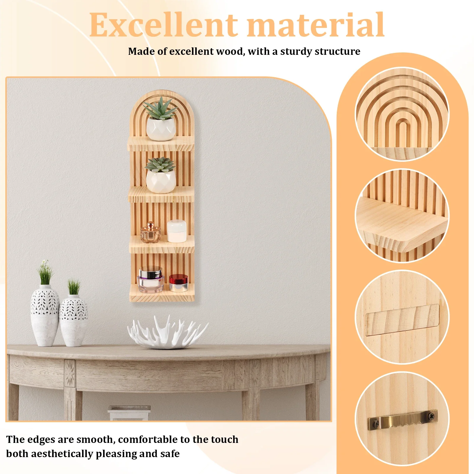 3-tier Wooden Wall Shelves Boho Arch Floating Shelf Storage Boho Rustic Flowerpot Holder Vase Display Stand Home Decor Rack