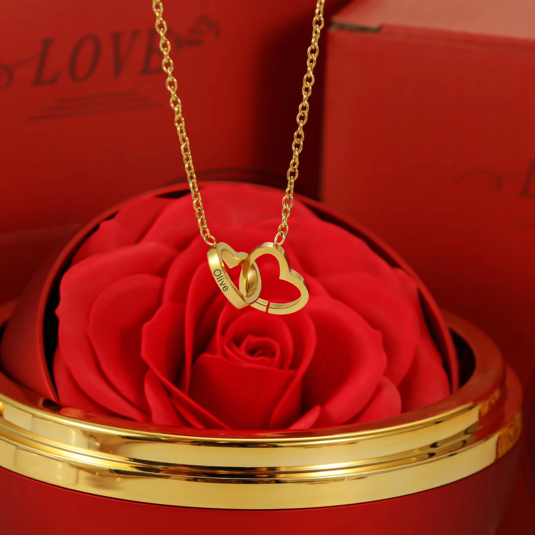 

Eternal Rose Round Jewelry Box Personalized Custom Engraved Name Necklace Heart Pendant Women Valentine's Day Christmas Gift