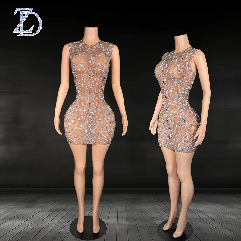 

ZD короткое платье для выпускного вечера, вечеринка по случаю дня рождения, сценический костюм для ночного клуба, блестящие хрустальные бриллианты, сексуальные прозрачные платья с открытой спиной для девочек