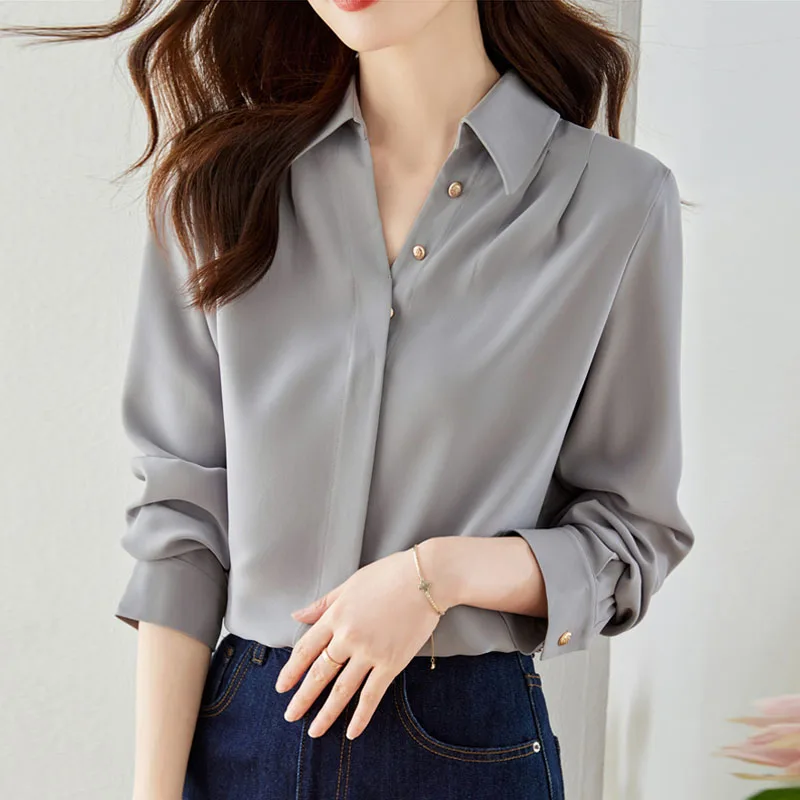 Autumn Fashion New Office Lady Long Sleeve V-Neck Women Shrit Button Grey Chiffon Shirt Blouse Women Tops Camisas De Mujer C03