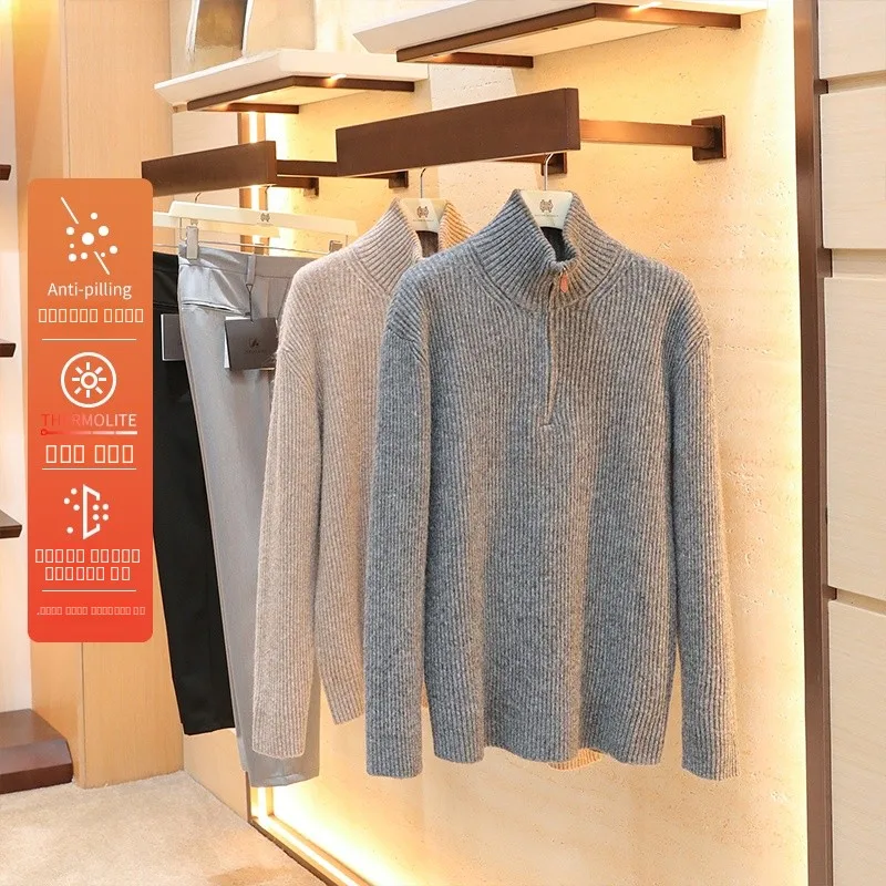 

Men's Camere Wool Blend Knitted Sweater Inner Wear Zipper Vertical Stripe Texture Soft Casual Sle Long Sve Thiened