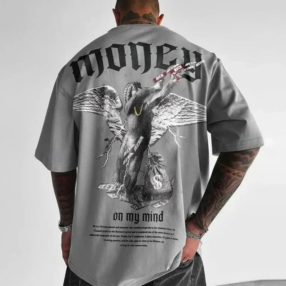New American men's summer angel wing wealth letter print micro elastic breathable round neck T-shirt outdoor street top