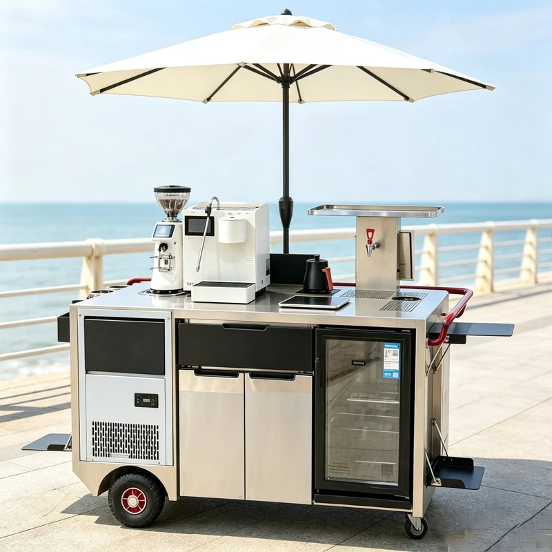 Stainless Steel Mobile Coffee Cart Outdoor Coffee Serving Trolley With Storage Drawers And Awning Customized