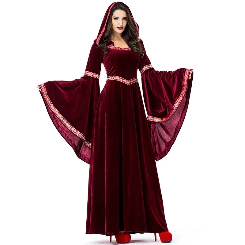 

Adult Women Halloween Medieval Vampire Costume Velet Palace Hooded Gothic Witch Dress
