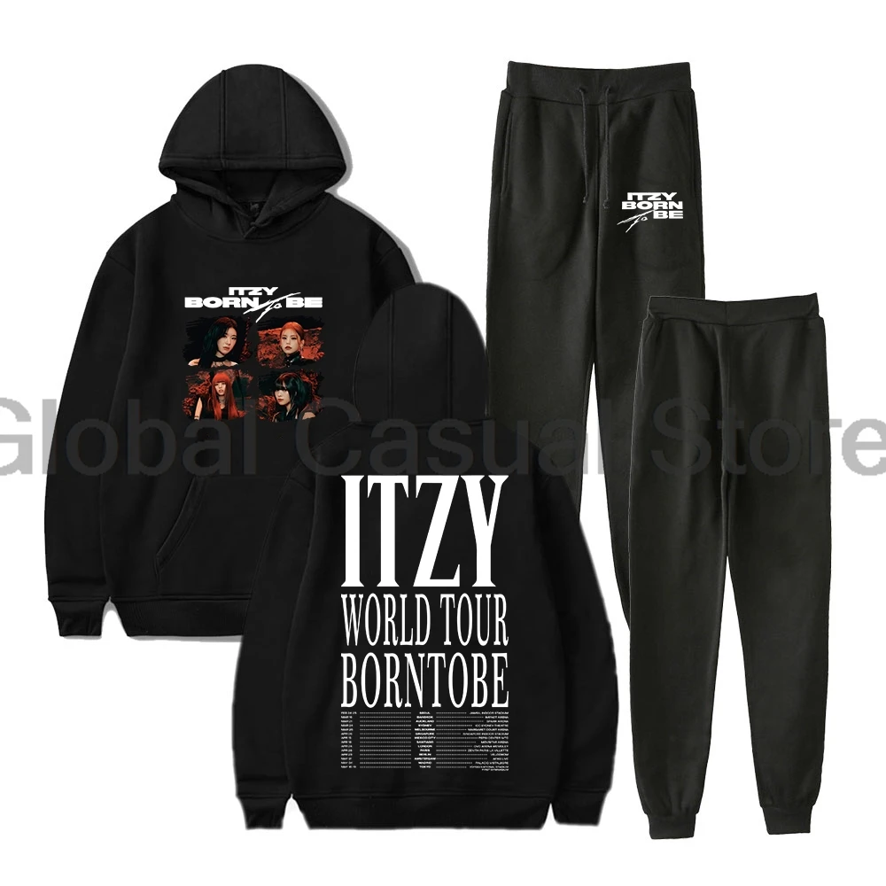 

Kpop ITZY Born to Be Tour 2024 Vintage Photo Hoodie Jogger Pants Two Piece Set Sweatshirts+Sweatpants Men Women's Set