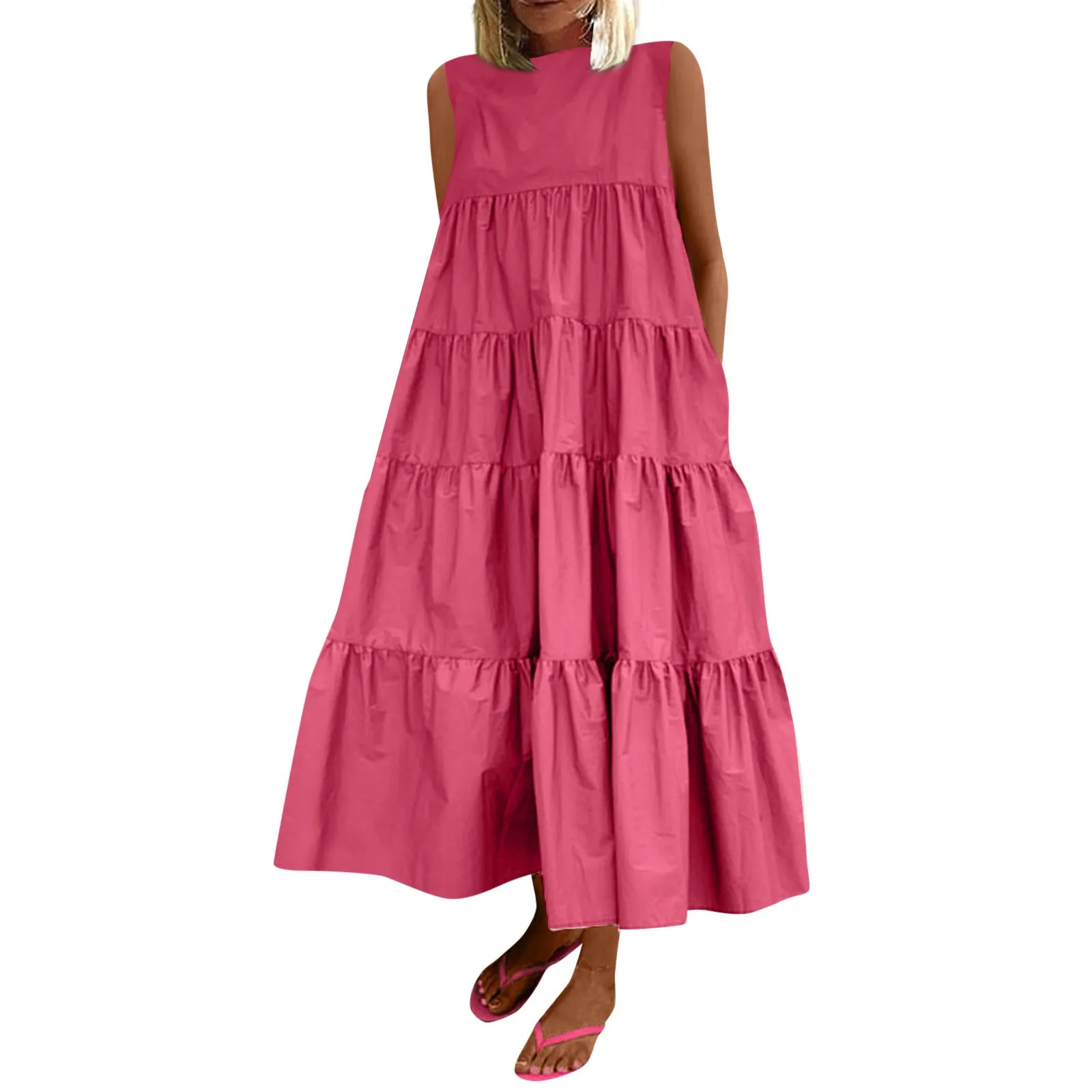 فستان نسائي فضفاض بدون جيب بدون أكمام ، فساتين برقبة مستديرة ، أحادي اللون ، كاجوال ، منتجع شاطئ البحر ، تاريخ ، صيف ، موضة جديدة