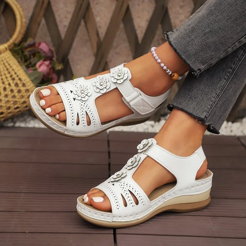 

Summer Sandals Women 2025 New Flower Wedge Platform Orthopedic Shoes Retro Casual Comfort Peeping Toes