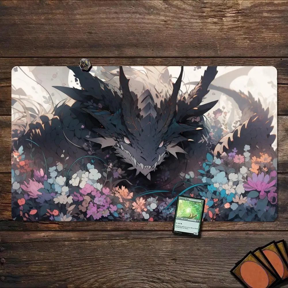 Floral Dark Dragon TCG Playmat 35X60CM Ancient Black Dragon Magic Card Battle Mat Non-Slip Durable Stitched Edge TCG Playmat