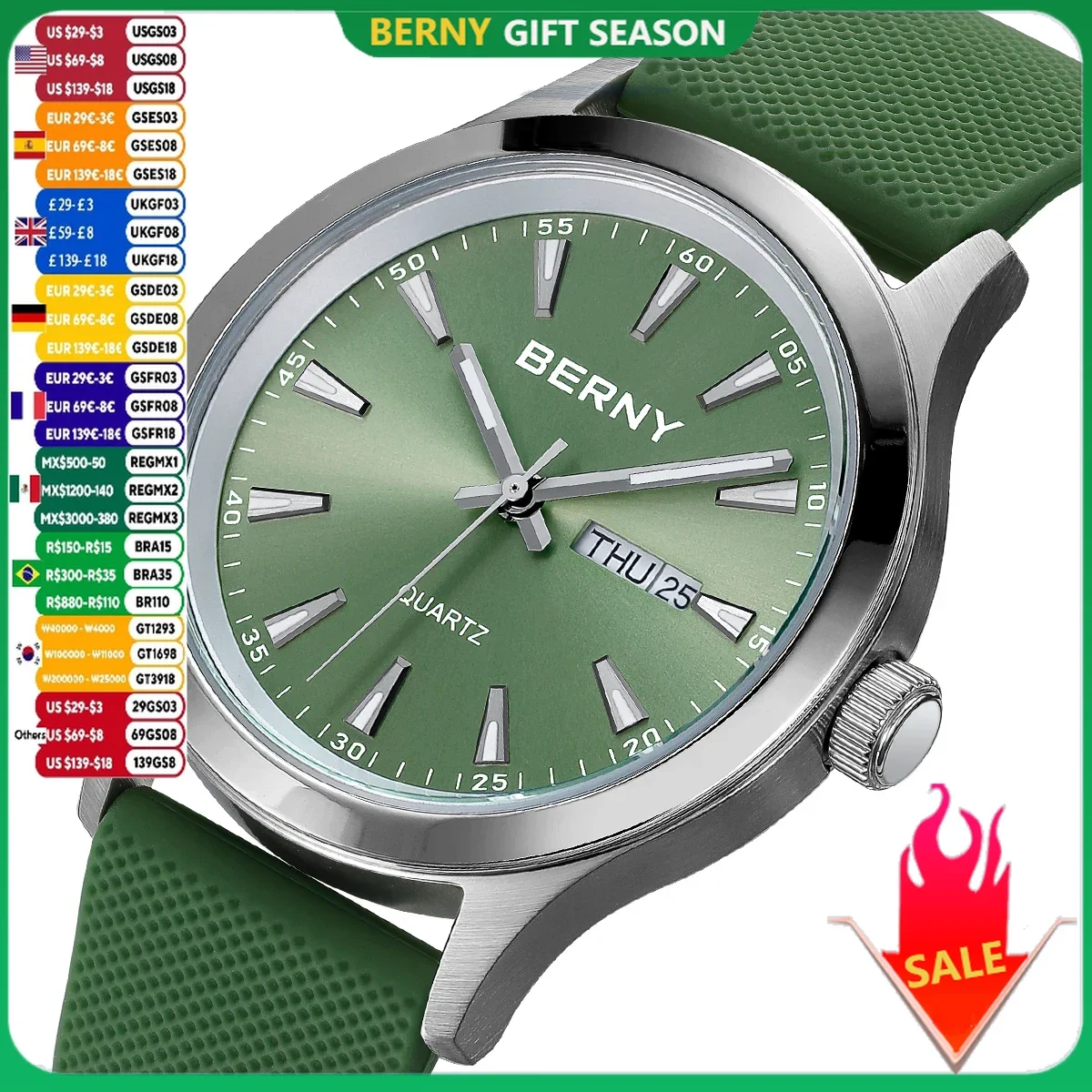 BERNY Watches for Men 40mm Luminous Elegance Dress Quartz Watch Calendar Week Luxury Waterproof Casual Business Men\'s Wristwatch