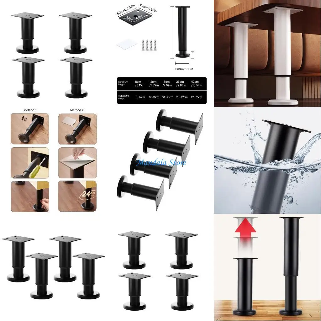 

U2JC Multifunction Black Furniture Rise Legs easy installs Height Adaptable Supports 4pcs