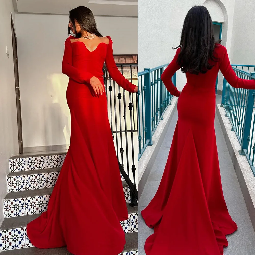 

Elegant Trumpet Dress Long Sleeve Solid Color Prom Gown Sweetheart Neck Sexy Evening Dresses vestido formatura luxo glamurosos