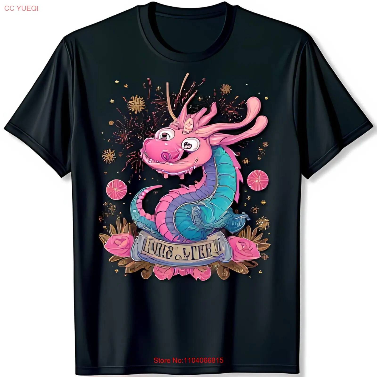 

Joyful Black T-Shirt with Pink Teal Tail Flowers Love & Life Gold Banne