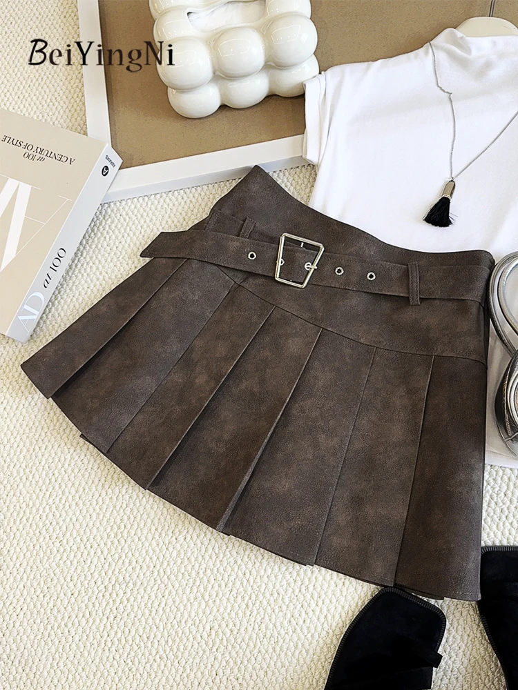 

Beiyingni American Style Women Pleated PU Leather Skirts Autumn Winter High Waist Short Mini A-line Skirt Female Vintage Saias