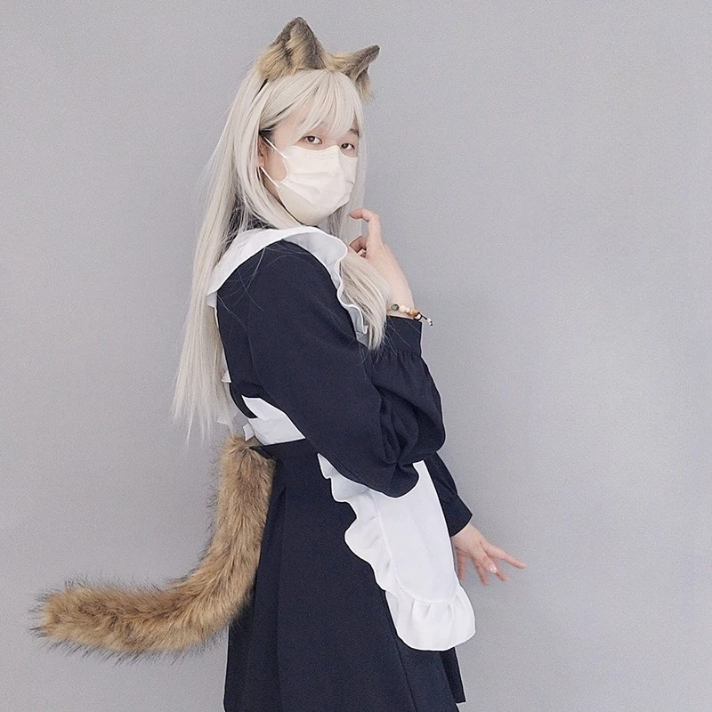 New 2Pcs/set Furry Beast Ears Headwear Fluffy Animal Fox Tail Halloween Party Cosplay Accessories Handmade Lolita Anime Costumes