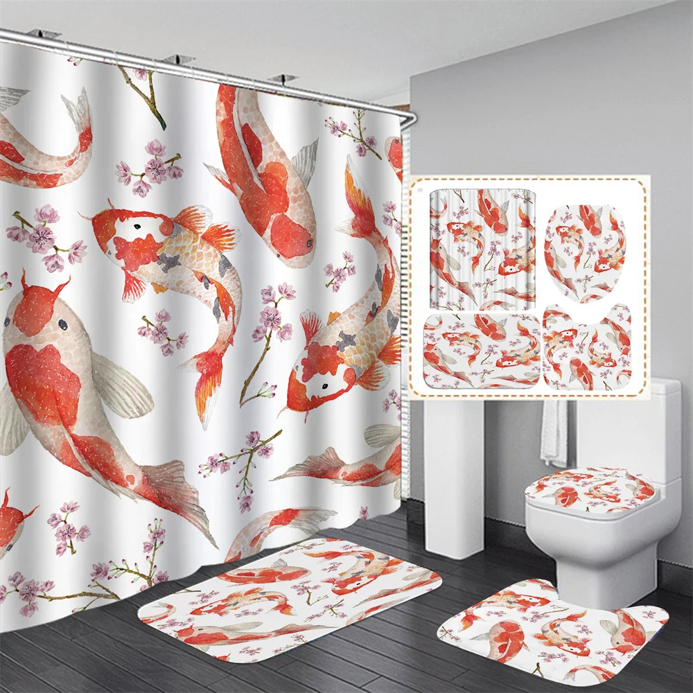 

Colorful Koi Bathroom set Shower Curtain Koi Fish Pond Watercolor Painting Bathrom Waterprof Polyester Fabric Bathroom Set Decor